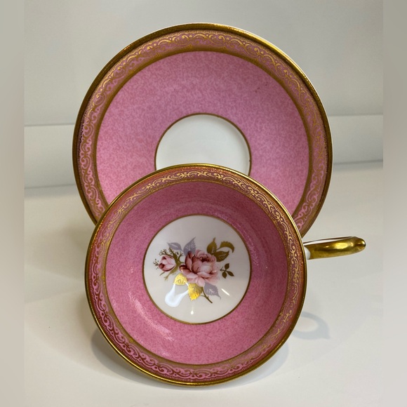 Vtg Aynsley Hand Painted Teacup and Saucer Pink Rose Pink Marble Like Gold Trim - Picture 3 of 10